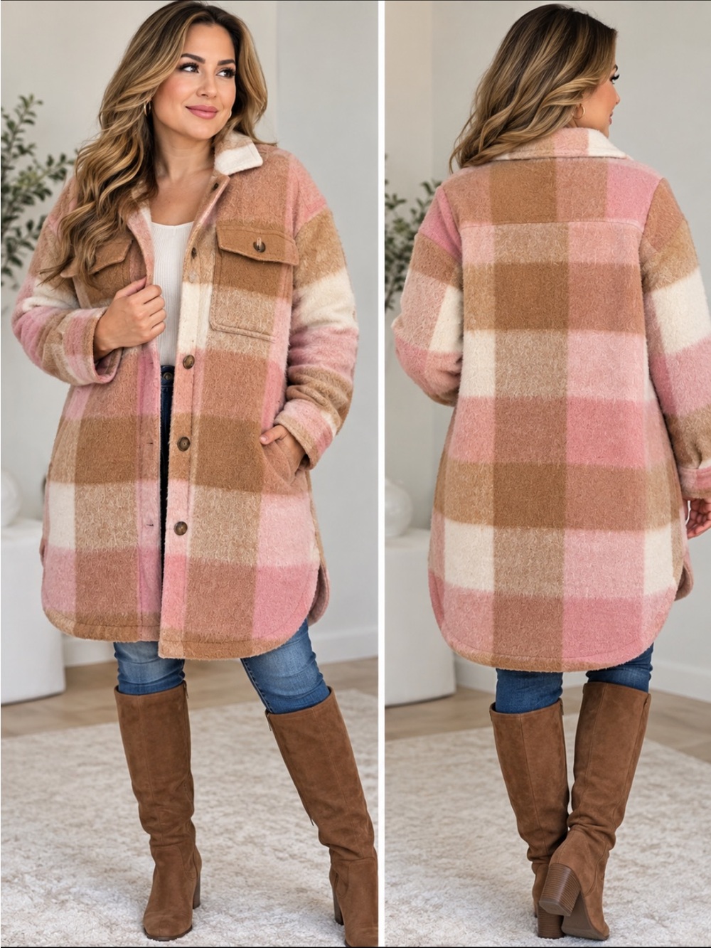 Old Navy Pink, Tan & Cream Plaid Teddy Shacket
